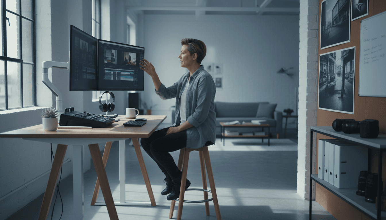 Solo entrepreneur working at startup desk with screens