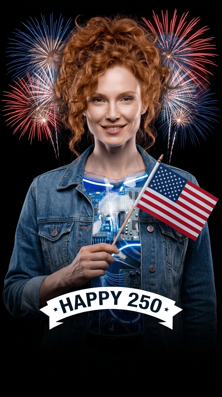 Red-haired cyborg woman holding an American flag with fireworks and a Happy 250 banner.