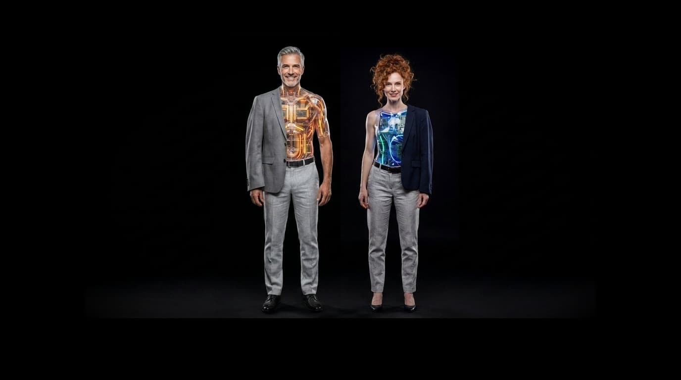 Man and woman in professional attire with glowing robotic circuitry visible inside their torsos.