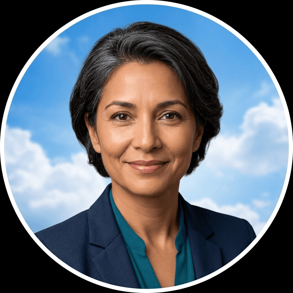 Smiling woman with salt-and-pepper hair wearing a blue blazer against a cloudy sky.